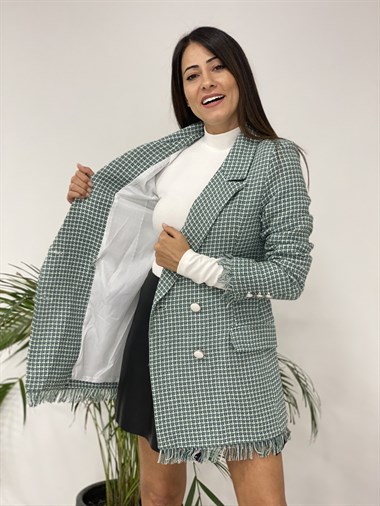 Mint Yeşili Desen Eteği Püsküllü Tüvit Kadın Ceket