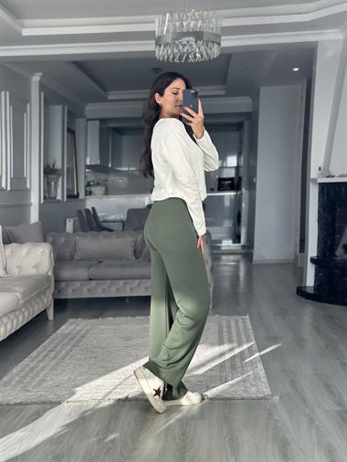 Haki İthal Kumaş Beli Lastikli Kadın Yürüyüş Pantolon