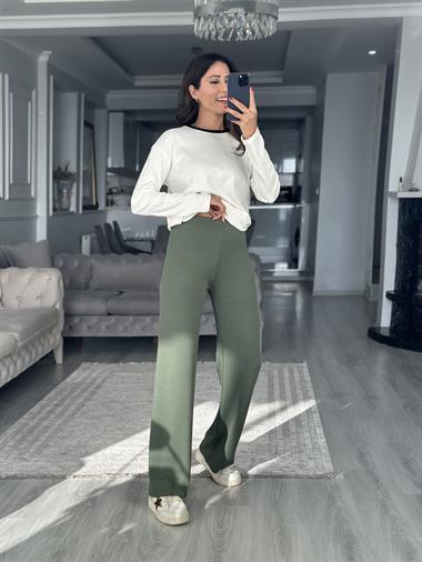 Haki İthal Kumaş Beli Lastikli Kadın Yürüyüş Pantolon