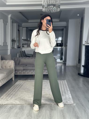 Haki İthal Kumaş Beli Lastikli Kadın Yürüyüş Pantolon