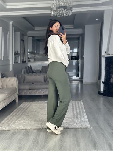 Haki İthal Kumaş Beli Lastikli Kadın Yürüyüş Pantolon