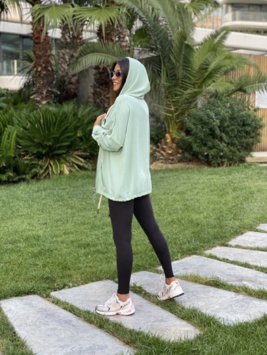 Mint Yeşili Kapüşonlu Fermuarlı Aerobin Kadın Trençkot