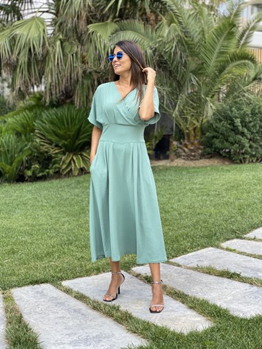 Mint Yeşili Kruvaze Yaka Yarasa Kol Aerobin Kadın Elbise 