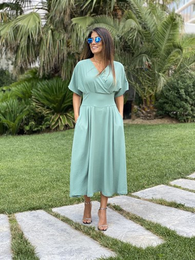 Mint Yeşili Kruvaze Yaka Yarasa Kol Aerobin Kadın Elbise 