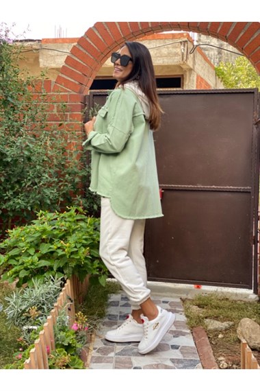 Mint Yeşili Rivetli Kot Ceket