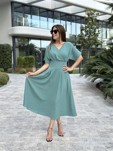 Mint Yeşili Yarasa Kol Kruvaze Yaka  Aerobin Kadın Elbise 