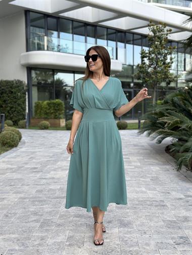 Mint Yeşili Yarasa Kol Kruvaze Yaka  Aerobin Kadın Elbise 
