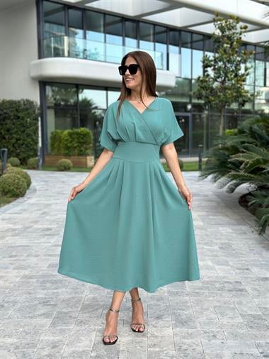 Mint Yeşili Yarasa Kol Kruvaze Yaka  Aerobin Kadın Elbise 