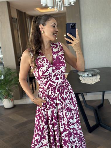 Fuşya Beyaz Desenli Kruvaze Yaka Sıfır Kol Cepli Kadın Elbise 