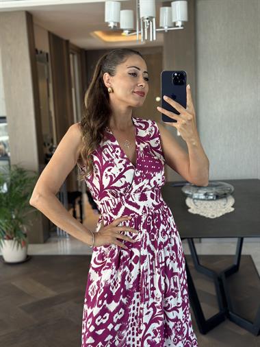 Fuşya Beyaz Desenli Kruvaze Yaka Sıfır Kol Cepli Kadın Elbise 