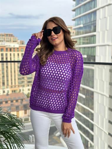 Mor Dekolte Örgülü Kadın Triko Kazak
