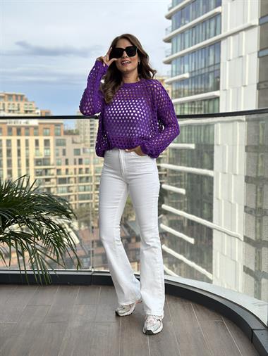 Mor Dekolte Örgülü Kadın Triko Kazak