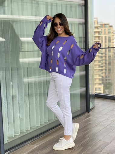 Mor Dekolteli Triko Bluz