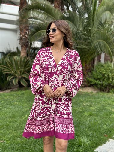 Mor Desenli Hakim Yaka Orjinal Marka Kadın Mini Elbise