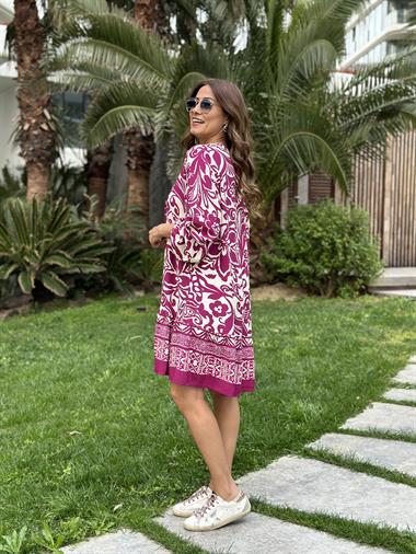 Mor Desenli Hakim Yaka Orjinal Marka Kadın Mini Elbise