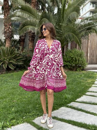 Mor Desenli Hakim Yaka Orjinal Marka Kadın Mini Elbise