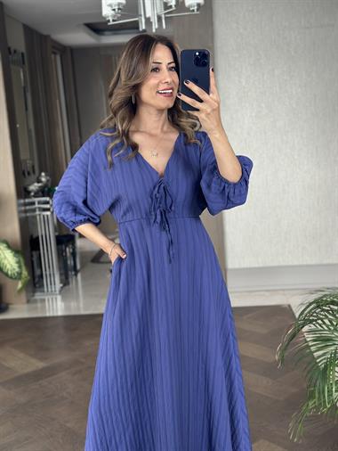 Mor Fakir Kol Beli Lastikli  Kadın Maksi Boy Elbise