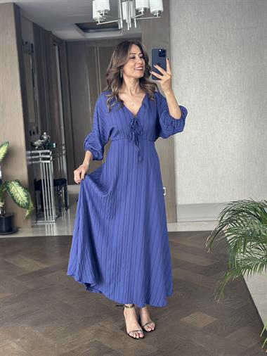 Mor Fakir Kol Beli Lastikli  Kadın Maksi Boy Elbise