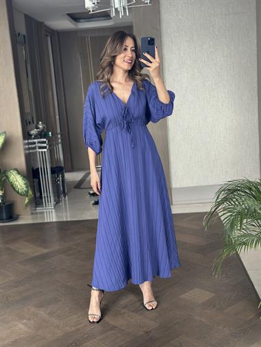 Mor Fakir Kol Beli Lastikli  Kadın Maksi Boy Elbise