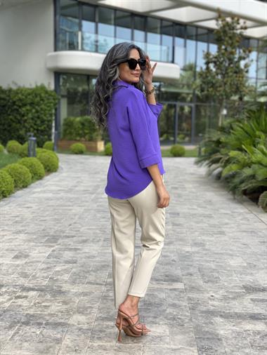 Mor Gömlek Yaka Yarasa Kol Aerobin Kadın Bluz