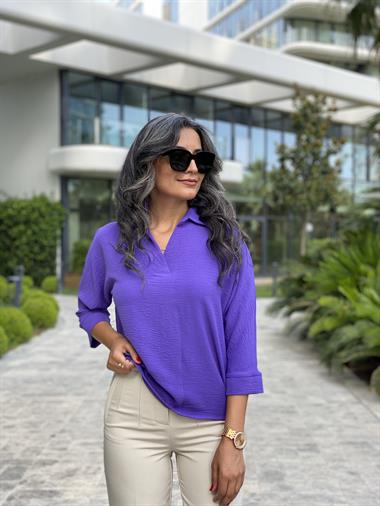 Mor Gömlek Yaka Yarasa Kol Aerobin Kadın Bluz
