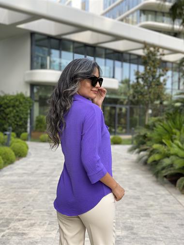Mor Gömlek Yaka Yarasa Kol Aerobin Kadın Bluz