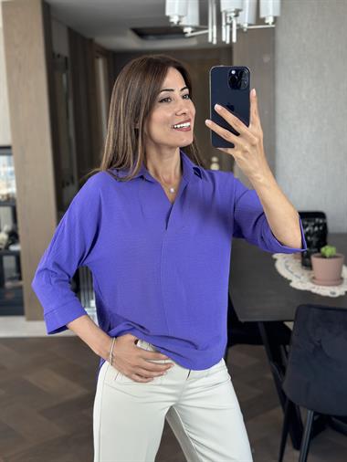 Mor Gömlek Yaka Yarasa Kol Aerobin Kadın Bluz