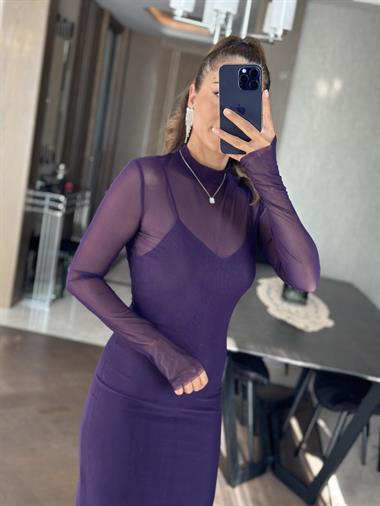 Mor Hakim Yaka Astarlı Tül Kadın Elbise