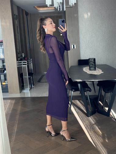 Mor Hakim Yaka Astarlı Tül Kadın Elbise