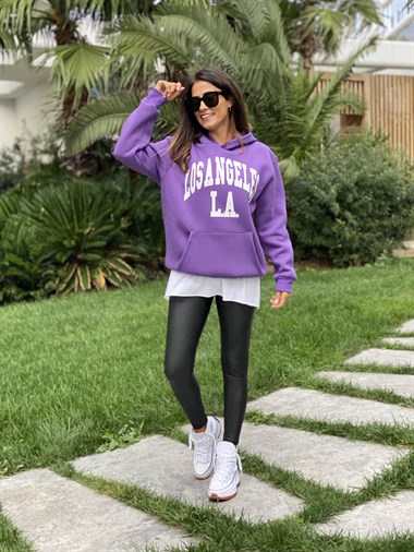 Mor Kapüşonlu Los Angeles Baskılı Kadın Sweatshirt