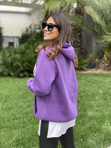 Mor Kapüşonlu Los Angeles Baskılı Kadın Sweatshirt