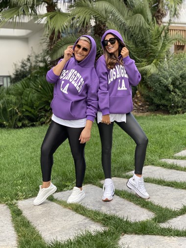 Mor Kapüşonlu Los Angeles Baskılı Kadın Sweatshirt