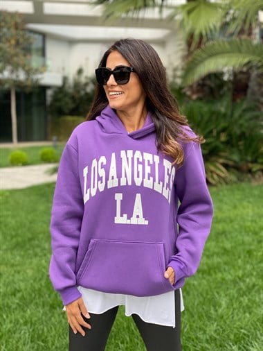 Mor Kapüşonlu Los Angeles Baskılı Kadın Sweatshirt