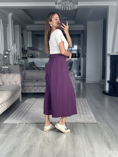 Mor Krep Kumaş Arka Beli Lastikli Kadın Etek Pantolon
