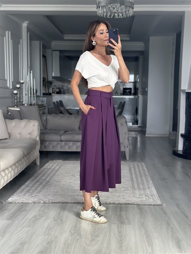 Mor Krep Kumaş Arka Beli Lastikli Kadın Etek Pantolon
