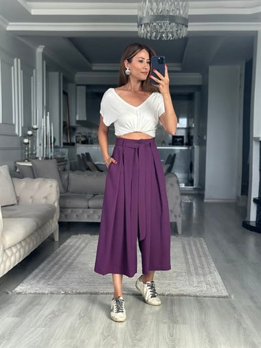 Mor Krep Kumaş Arka Beli Lastikli Kadın Etek Pantolon