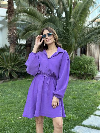 Mor Orjinal Marka Tnsel Yarım Düğmeli Beli Lastikli Kadın Gömlek Elbise