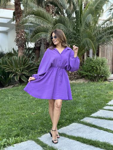 Mor Orjinal Marka Tnsel Yarım Düğmeli Beli Lastikli Kadın Gömlek Elbise