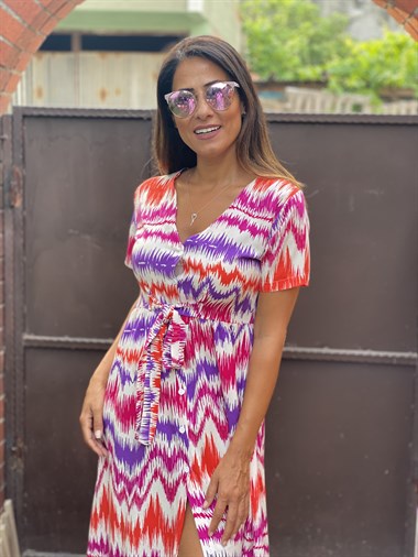 Mor Renkli Önü Düğmeli Kuşaklı  Kadın Elbise