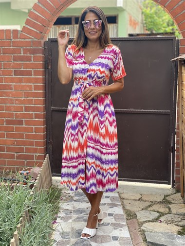 Mor Renkli Önü Düğmeli Kuşaklı  Kadın Elbise