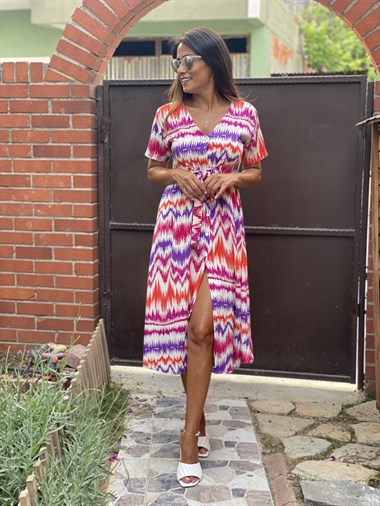 Mor Renkli Önü Düğmeli Kuşaklı  Kadın Elbise