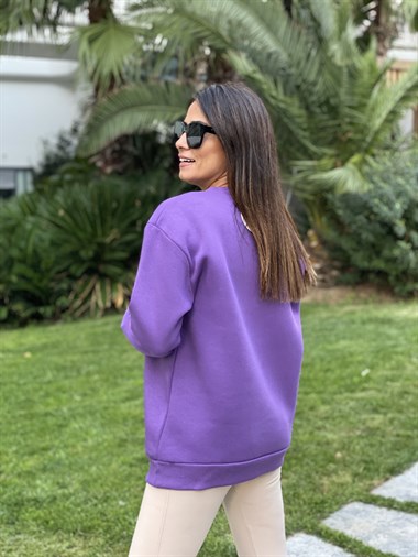 Mor San Bisiklet Yaka Kadın Sweatshirt