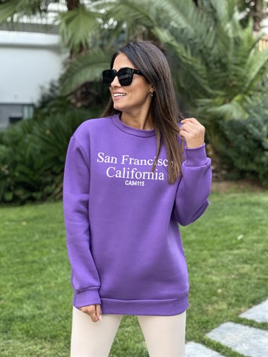 Mor San Bisiklet Yaka Kadın Sweatshirt