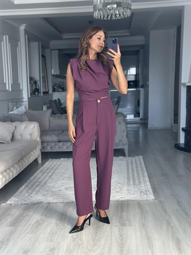 Mor Sıfır Kol Vatkalı Bluz Pantolon Kadın İkili Takım 