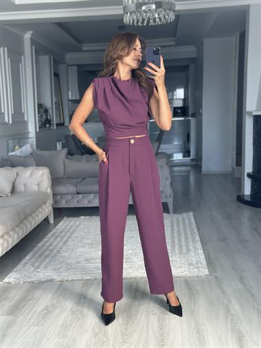 Mor Sıfır Kol Vatkalı Bluz Pantolon Kadın İkili Takım 