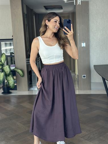 Mor Tnsl Kumaş Beli Lastikli Cepli Kadın Midi Boy Etek