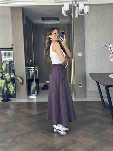 Mor Tnsl Kumaş Beli Lastikli Cepli Kadın Midi Boy Etek