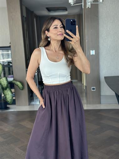 Mor Tnsl Kumaş Beli Lastikli Cepli Kadın Midi Boy Etek