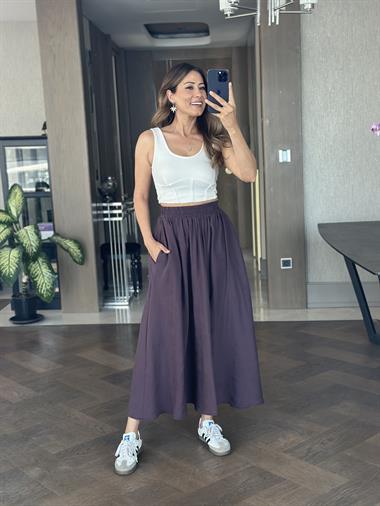 Mor Tnsl Kumaş Beli Lastikli Cepli Kadın Midi Boy Etek