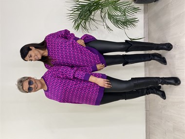 Mor Pembe Geometrik Desen Bisiklet Yaka Triko Kadın Kazak